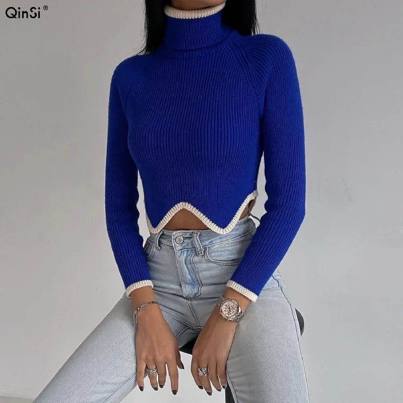 Bclout/QINSI 2023 Autumn Winter Elegant Female Jumper Long Sleeve Sexy Slim Turtleneck Crop Sweater Women Knitted Pullover