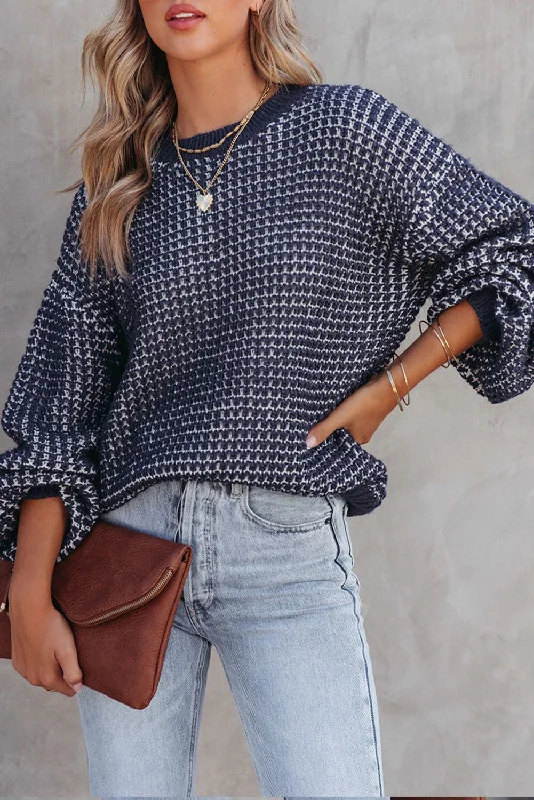 Black Heathered Knit Drop Shoulder Puff Sleeve Sweater