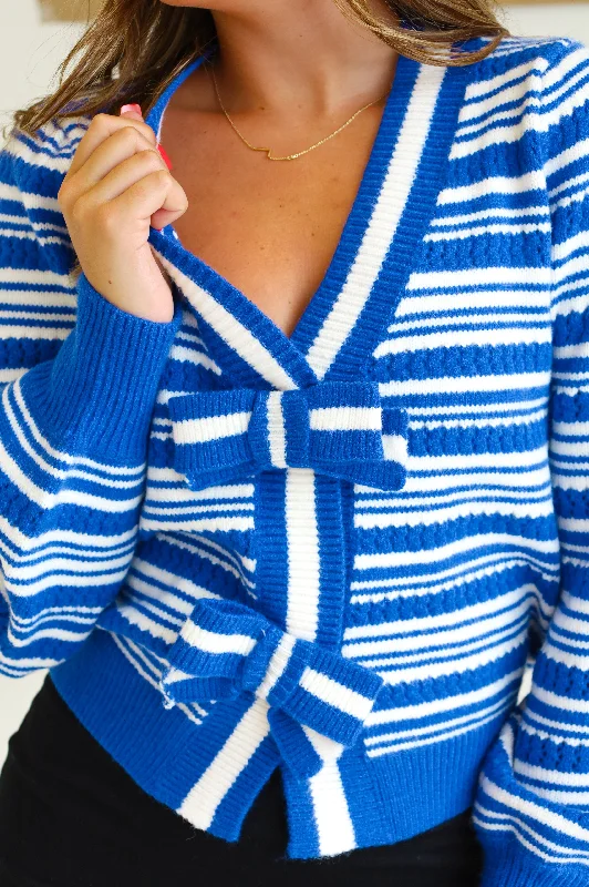 BLUE AND WHITE STRIPE BOW CARDIGAN