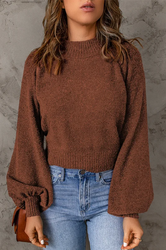 Brown Solid Color Lantern Sleeve Knitted Sweater