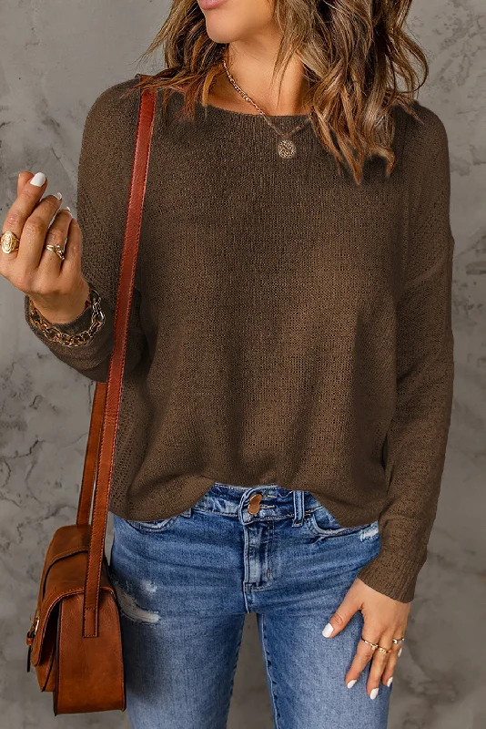 Brown Solid Drop Shoulder Pullover Sweater