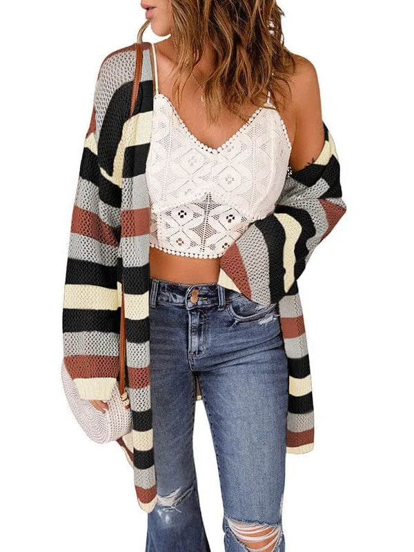 Striped Contrast Color Cardigan Jacket with Long Sleeves for Women