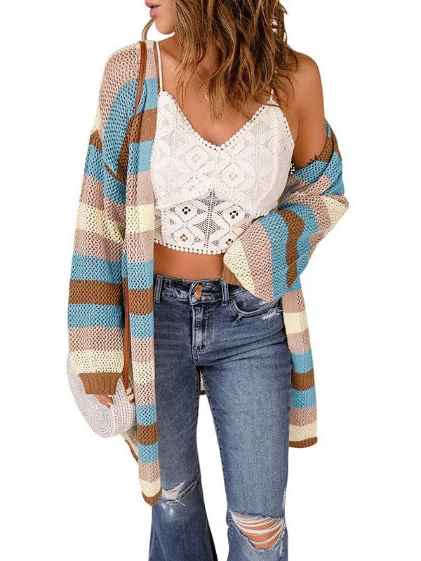 Striped Contrast Color Cardigan Jacket with Long Sleeves for Women