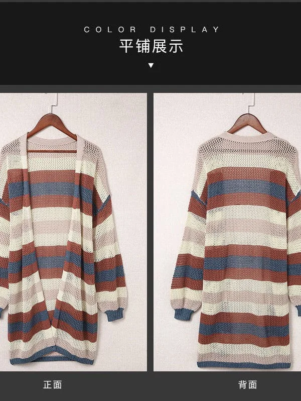 Striped Contrast Color Cardigan Jacket with Long Sleeves for Women