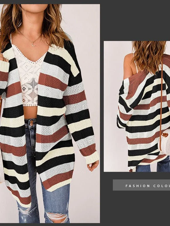 Striped Contrast Color Cardigan Jacket with Long Sleeves for Women