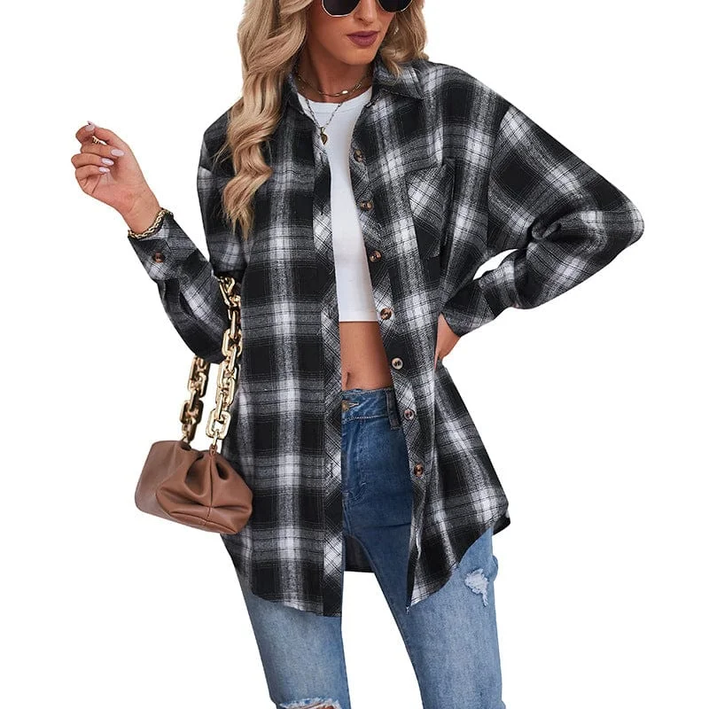 Casual boyfriend-style loose plaid shirt in women's fashion