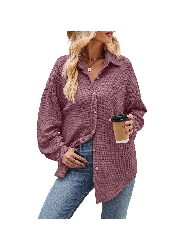 Casual loose pocket waffle check fashion shirt for women