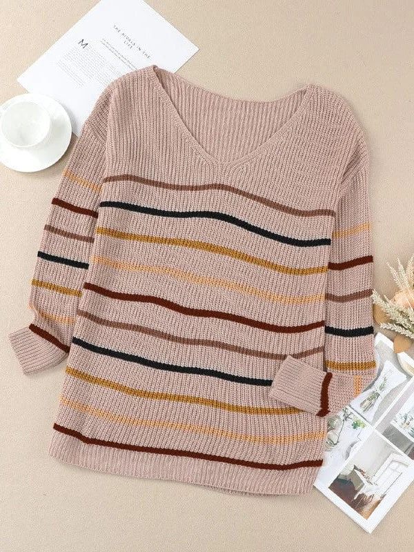 Off Shoulder Loose V Neck Women's Sweater with Colorful Stripes