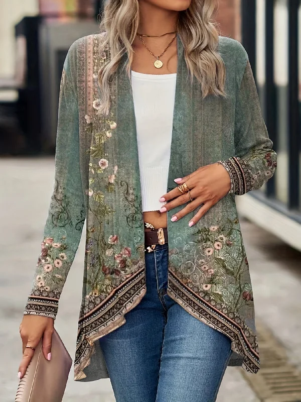 Floral Print Dipped Hem Open Front Long Sleeve Casual Cardigan