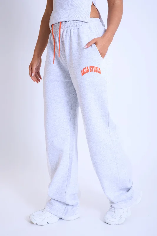 Kaiia Studio Bubble Logo Wide Leg Sweat Pants Light Grey Marl & Orange