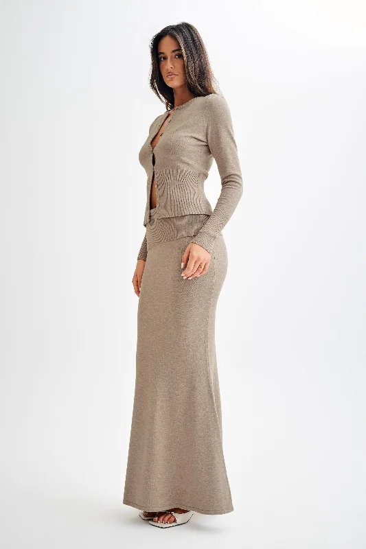 Karlie Knit Maxi Skirt With Ribbed Waist - Taupe Marle