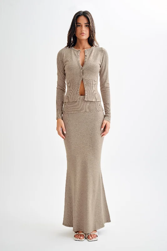 Karlie Knit Maxi Skirt With Ribbed Waist - Taupe Marle