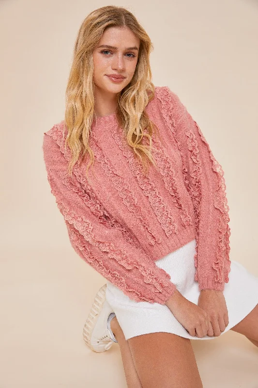 LACE RUFFLE KNIT TOP IN BLUSH