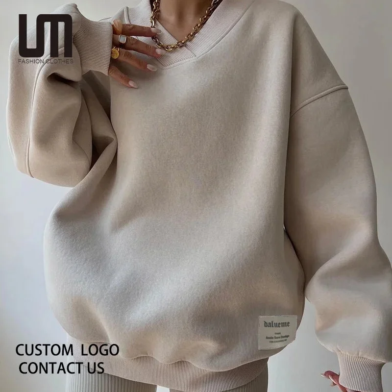 Liu Ming Custom Logo Wholesale 2024 Streetwear Women Casual Long Sleeve Fall Clothes V Neck Loose Sweatshirts