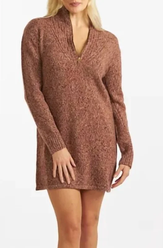 Marled Wool Cashmere Half Zip Sweater Dress in Brown