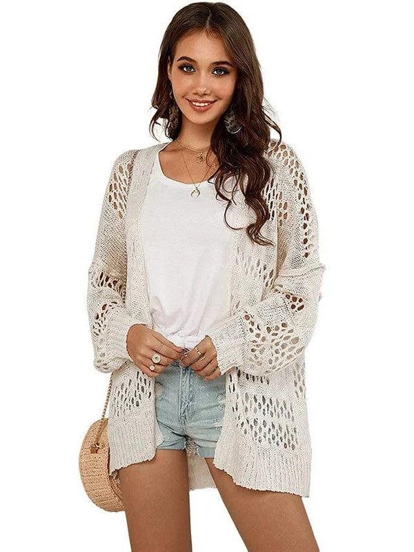 Ethnic Style Knitted Mesh Hollow Women's Cardigan Sweater with Acrylic-Cotton Blend