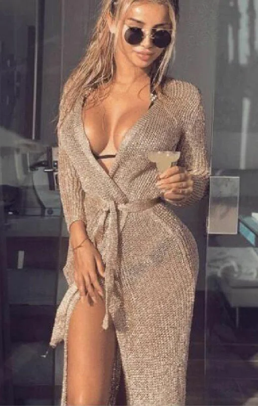 Metallic Knit Rose Gold Tie Waist Wrap Midi Dress