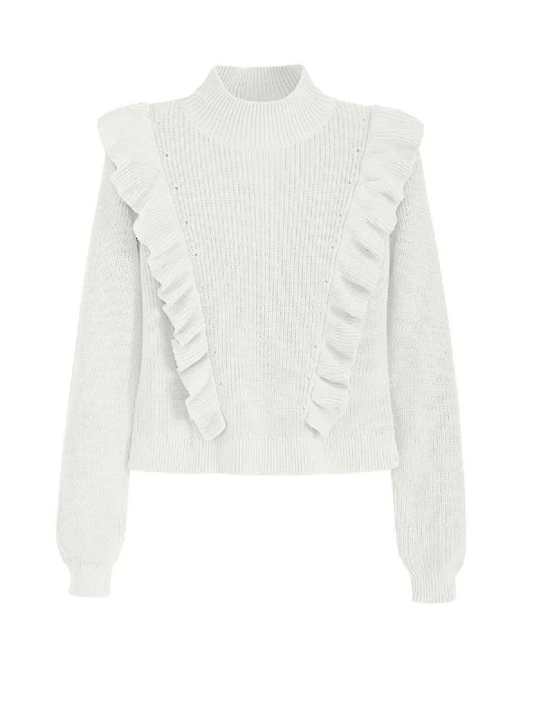 Mock Neck Ruffle Sweater In White