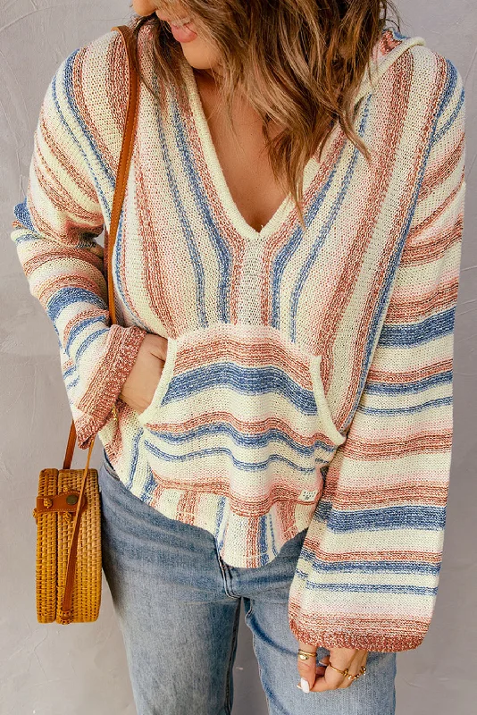 Multicolor Striped Knit Kangaroo Pocket Hooded Sweater