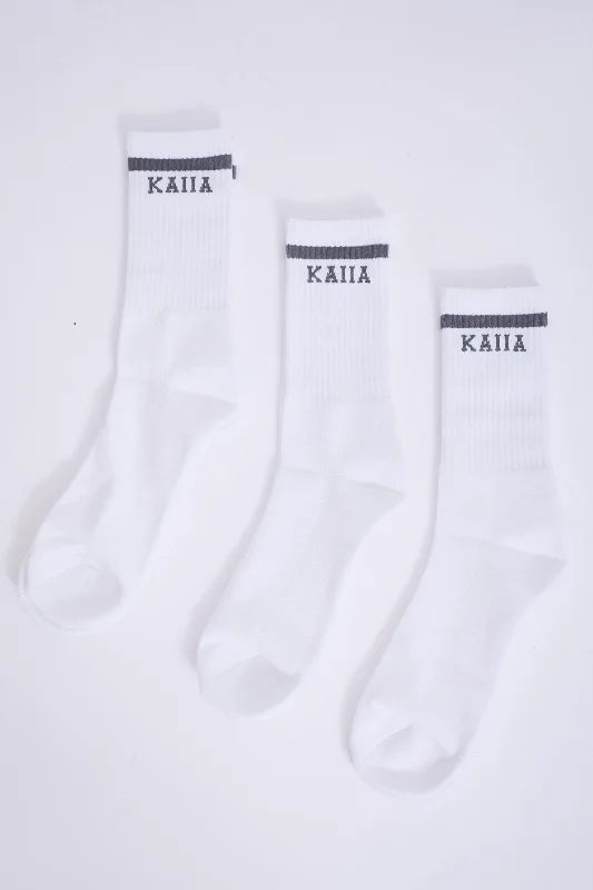 Pack of Three Kaiia Logo Sport Stripe Longline Socks White & Grey