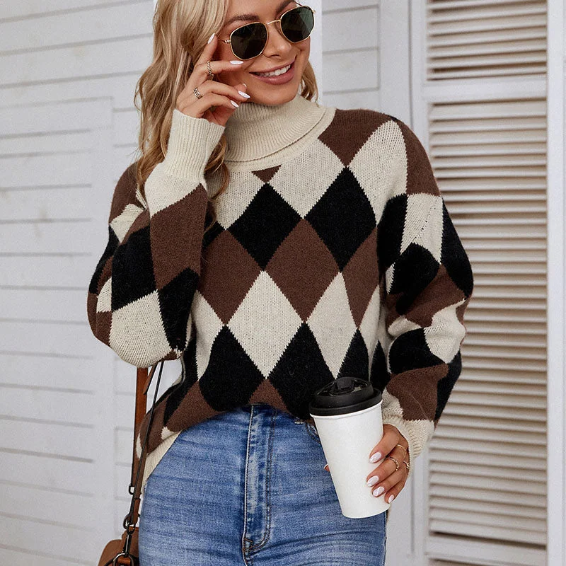 Patchwork Women Pullover Sweater Autumn Loose Turtleneck Long Sleeve Knitted Thick Female Jumper Sweater Top