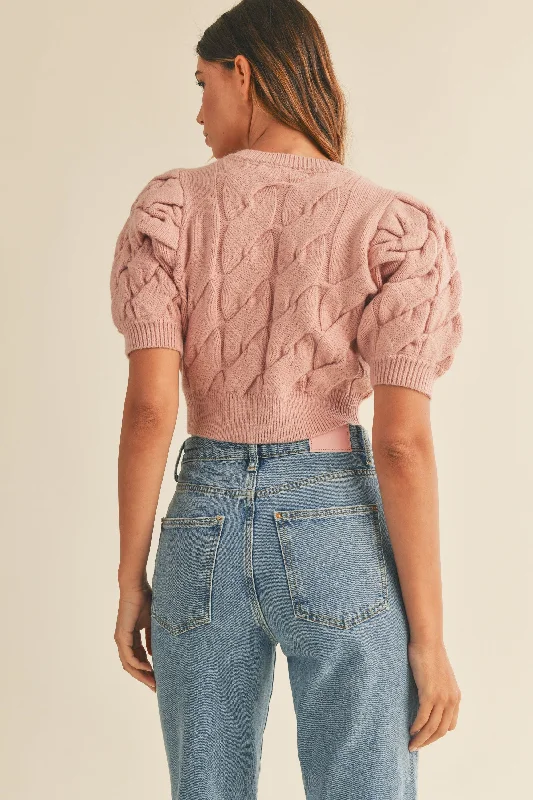 PEARL AND RHINESTONE CROPPED SWEATER IN ROSE