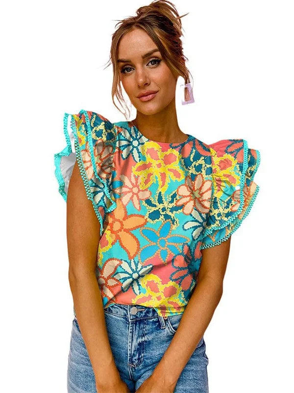 Stylish Women's Printed Ruffled Floral Pullover with Abstract Geometric Print