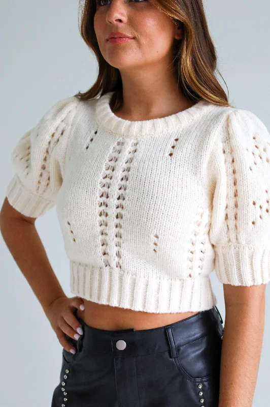 PUFF SLEEVE CROPPED CREAM SWEATER