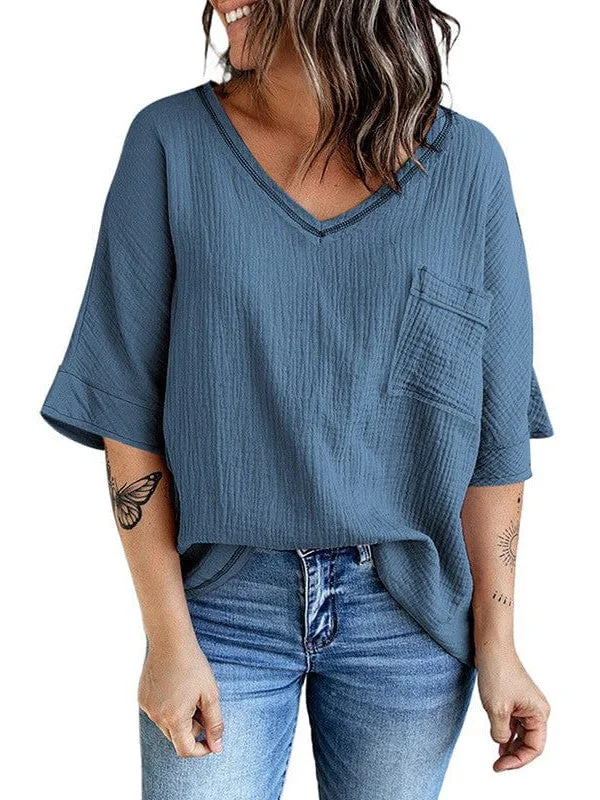 Women's Casual Cotton V-Neck Pullover Shirt with Solid Color Half Sleeves