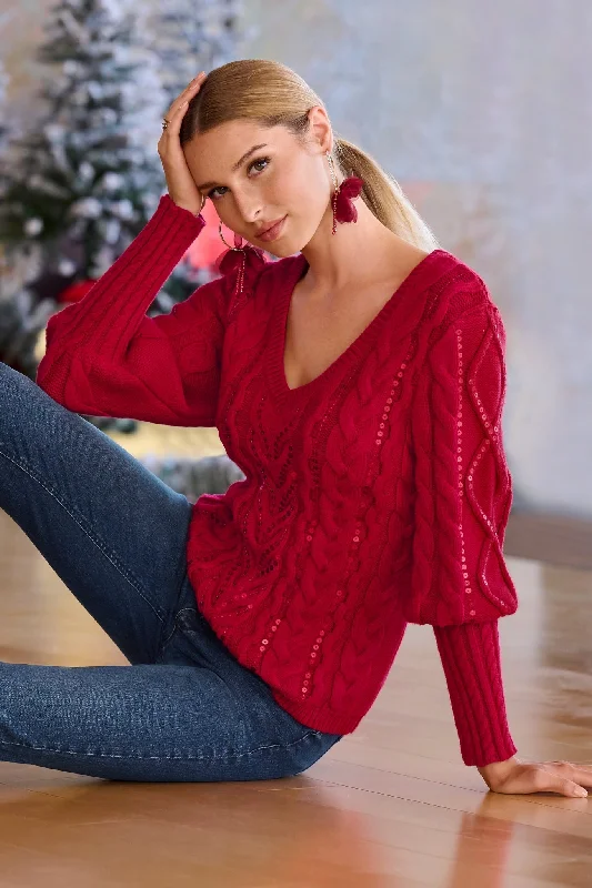 Sequin Cable V-Neck Sweater Red