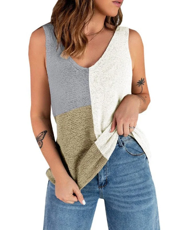 Colorful Sleeveless V-Neck Knitted Vest with Contrast Stitching for Women