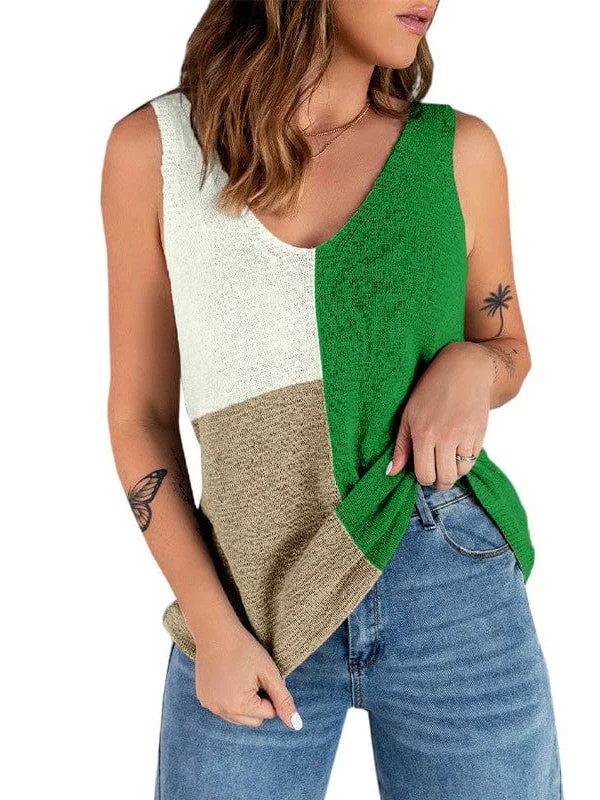 Colorful Sleeveless V-Neck Knitted Vest with Contrast Stitching for Women