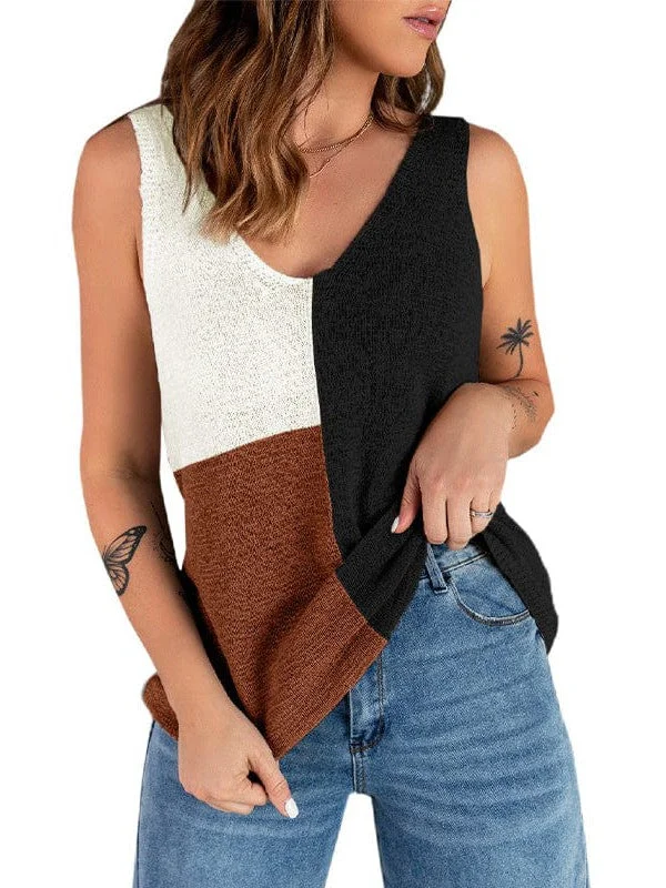 Colorful Sleeveless V-Neck Knitted Vest with Contrast Stitching for Women