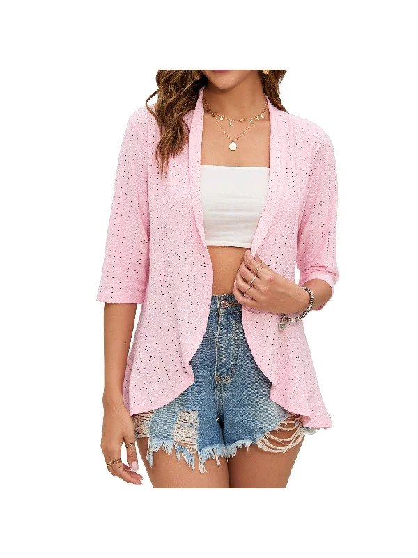 Solid color cardigan jacket three-quarter sleeve ruffle top for women