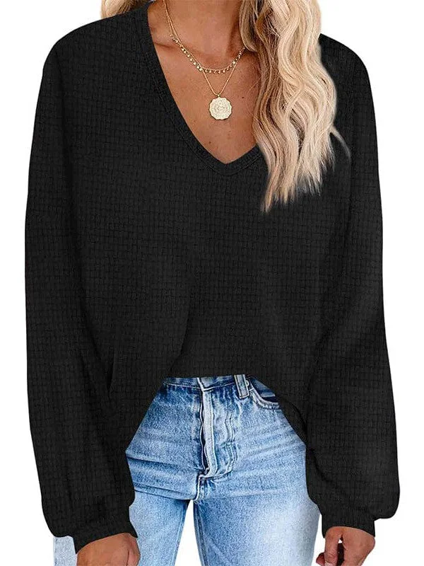 Versatile Knitted V-Neck Sweater with Lantern Sleeves