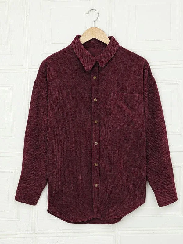 Women's Corduroy Cardigan Shirt with Button Down Lapel and Pocket