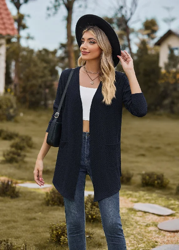 Solid color small twist pocket long sleeve loose cardigan jacket