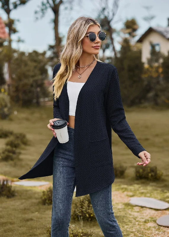 Solid color small twist pocket long sleeve loose cardigan jacket