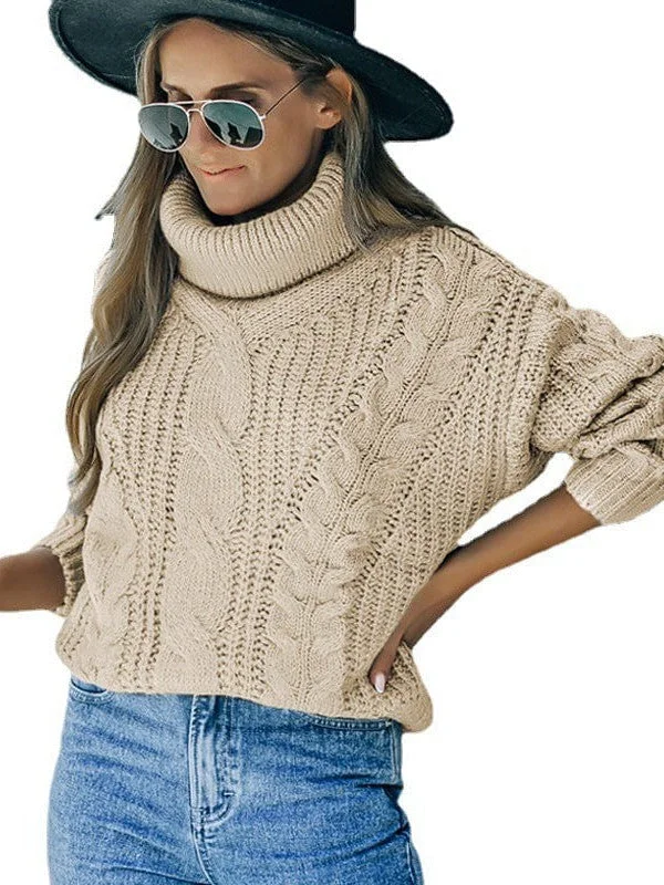 Women's Knitted Turtleneck Sweater in Solid Color and Oversized Fit for Warmth