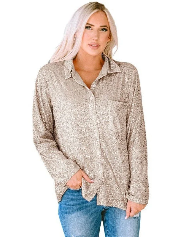 Women's Sequined Button Cardigan Top with Thin Pocket Shirt - Stylish and Personalized