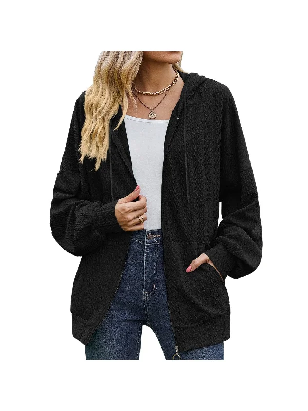 V-neck zipper solid color long loose sweatshirt jacket for women