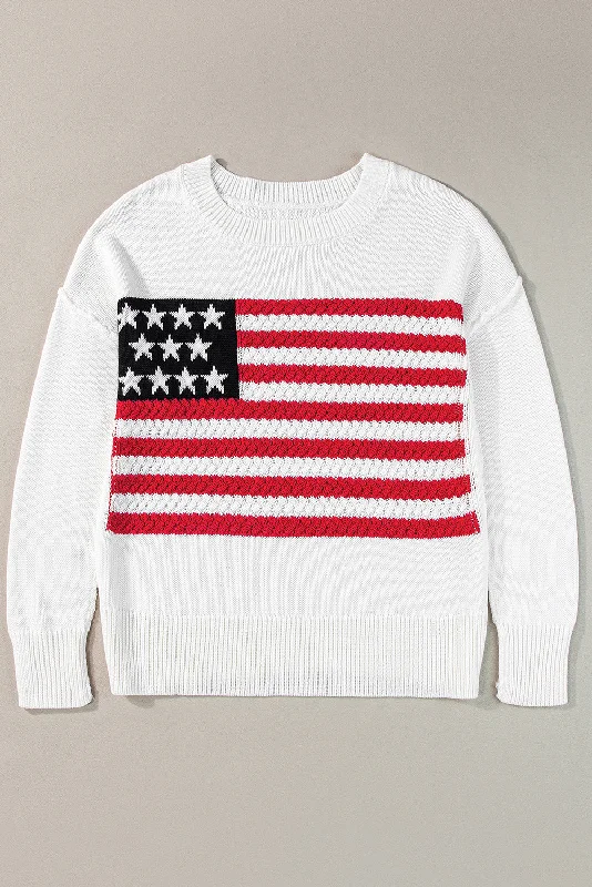 White American Flag Cable Knit Drop Shoulder Sweater