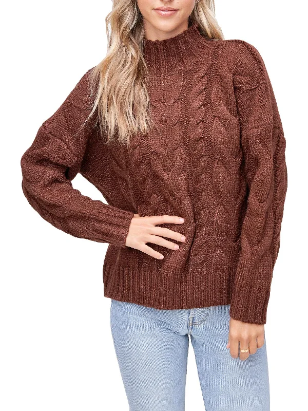 Womens Cable Knit Ribbed Trim Mock Turtleneck Sweater