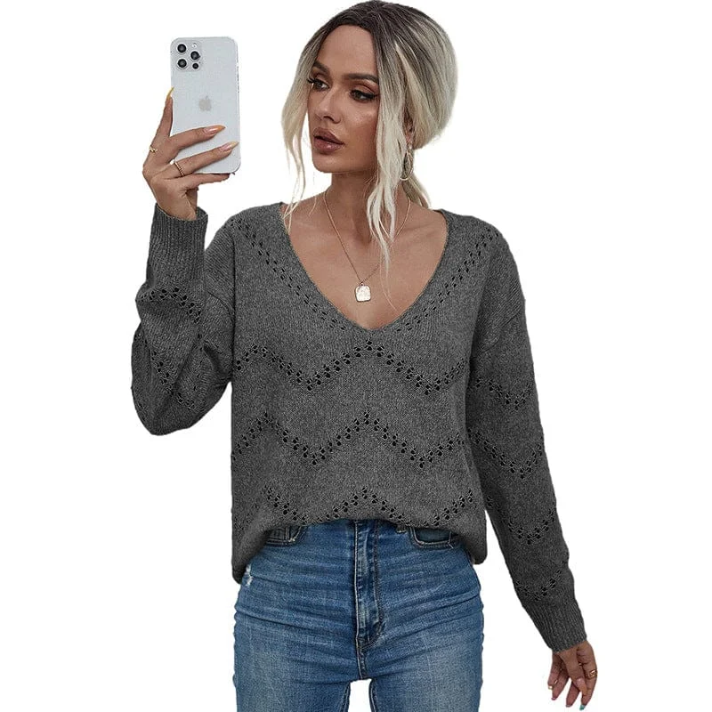 Cozy V-Neck Sweater with Loose Fit and Long Sleeves for Women