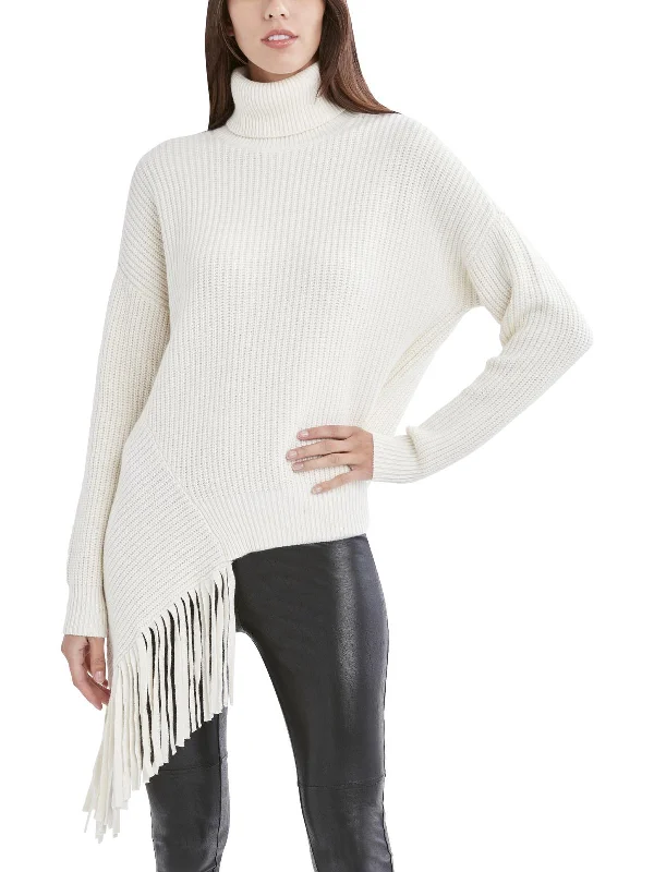 Womens Ribbed Knit Fringe Turtleneck Sweater