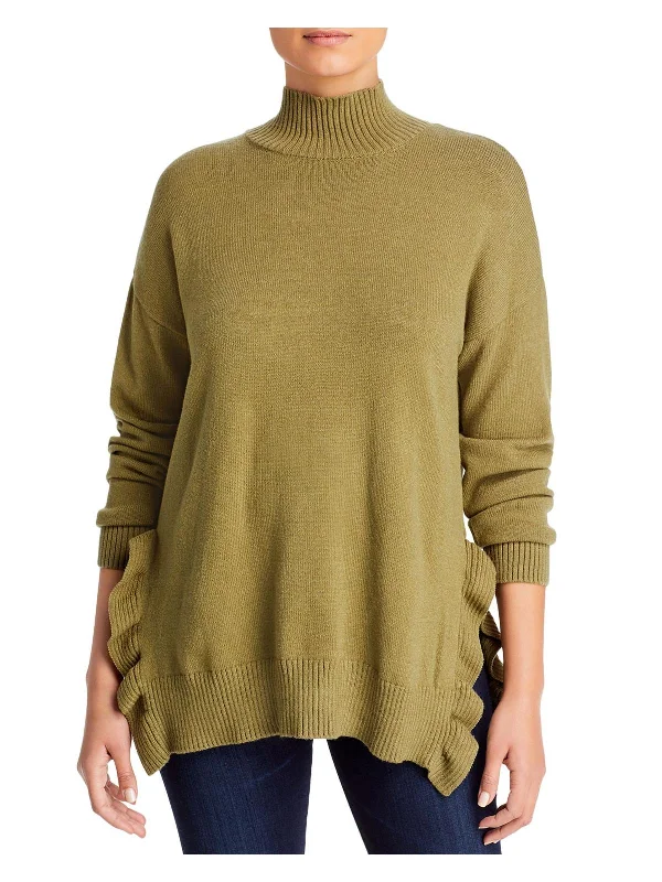 Womens Ribbed Trim Ruffled Mock Turtleneck Sweater