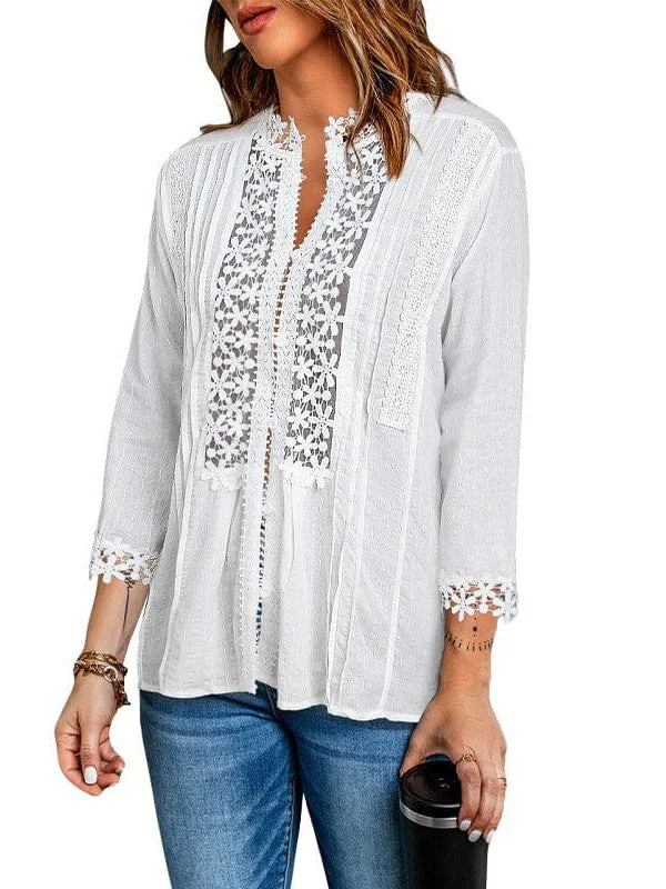 Loose Stand-Up Collar Lace Cardigan - Women's Cotton Three-Quarter Sleeve Blouse