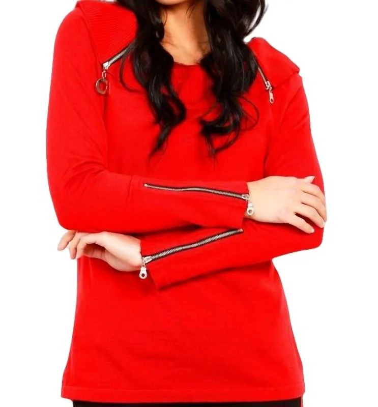 Zip Cowl Sweater In Red