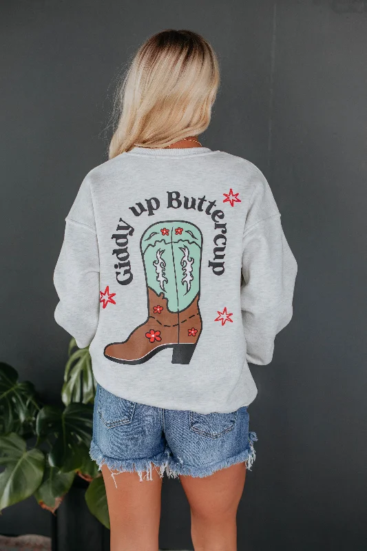 Giddy Up Buttercup Graphic Crewneck - Heather Grey