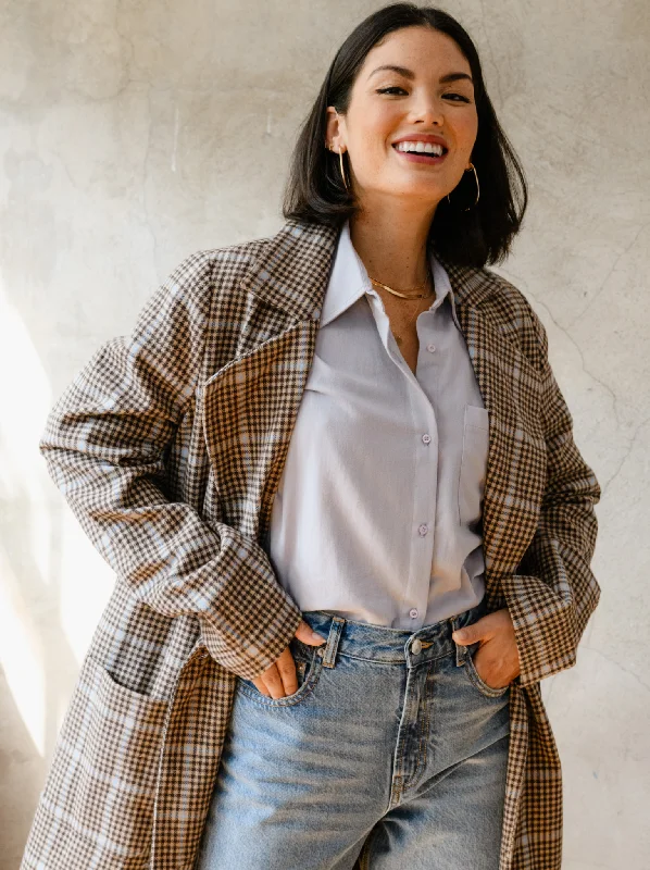 Marie Brushed Plaid Overcoat - Blue/Neutral Plaid